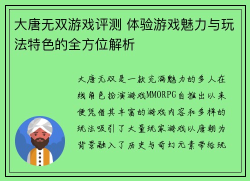大唐无双游戏评测 体验游戏魅力与玩法特色的全方位解析